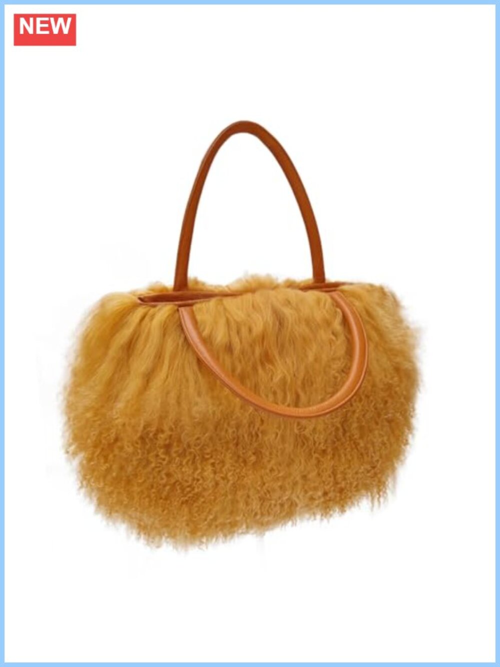 Real Mongolian Lamb Fur Purse Genuine Leather Handle Button Close Furry Tote